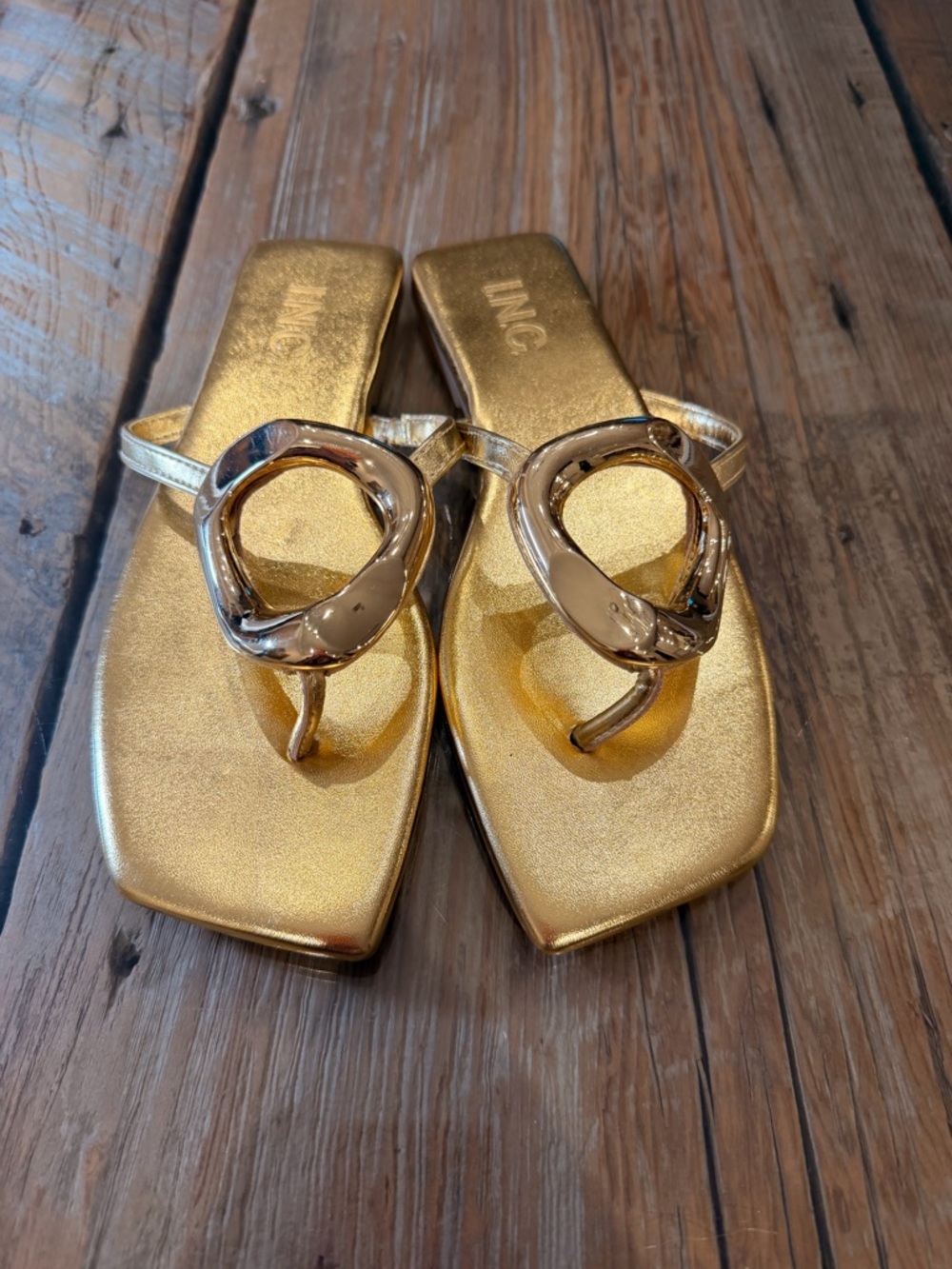 NWT! INC International Concepts Metallic Gold Ring-Accent Toe-Post Sandals